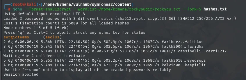John crackeando el hash sha512crypt: aeolus obtiene la contraseña sergioteamo