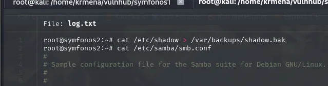 log.txt mostrando que /etc/shadow se copió a /var/backups/shadow.bak y la configuración de Samba
