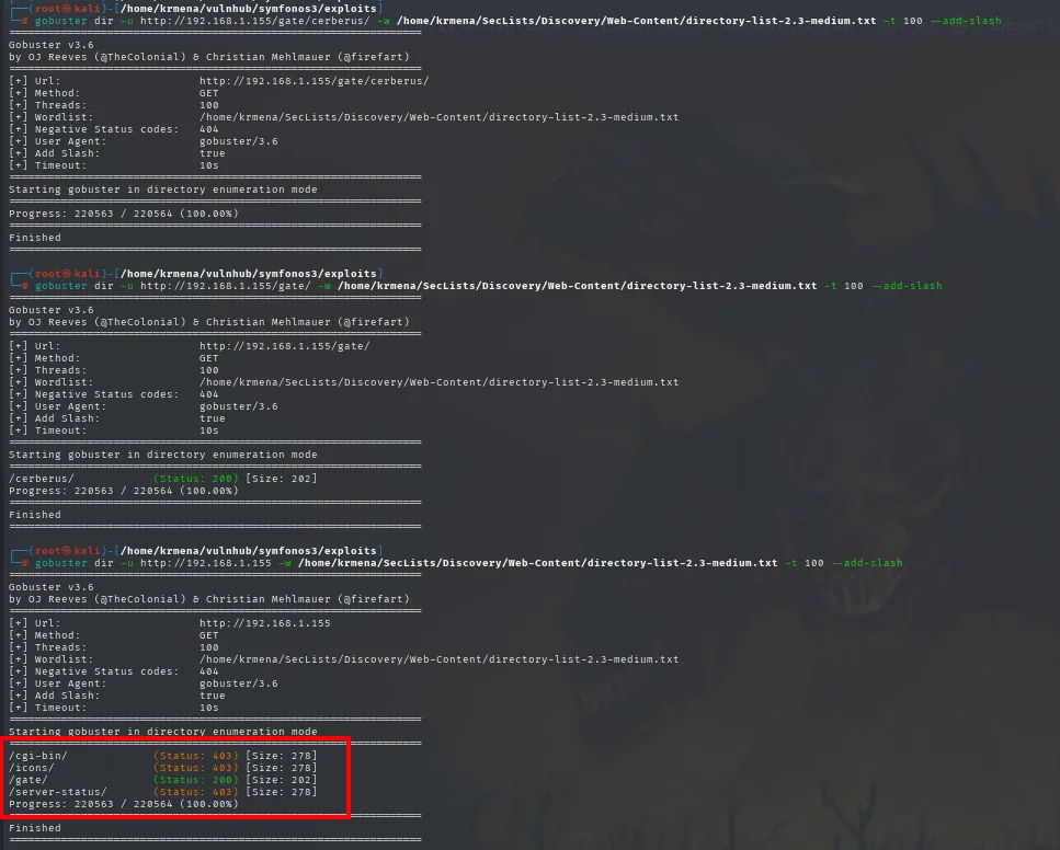 Tres ejecuciones de gobuster con --add-slash; la última, sobre la raíz, revela /cgi-bin/ con estado 403, /icons/, /gate/ y /server-status/