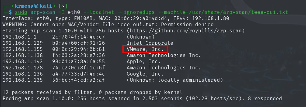 arp-scan sobre eth0 listando los hosts de la red local; 192.168.1.155 aparece con MAC 00:0c:29:94:6b:81 y fabricante VMware, Inc.
