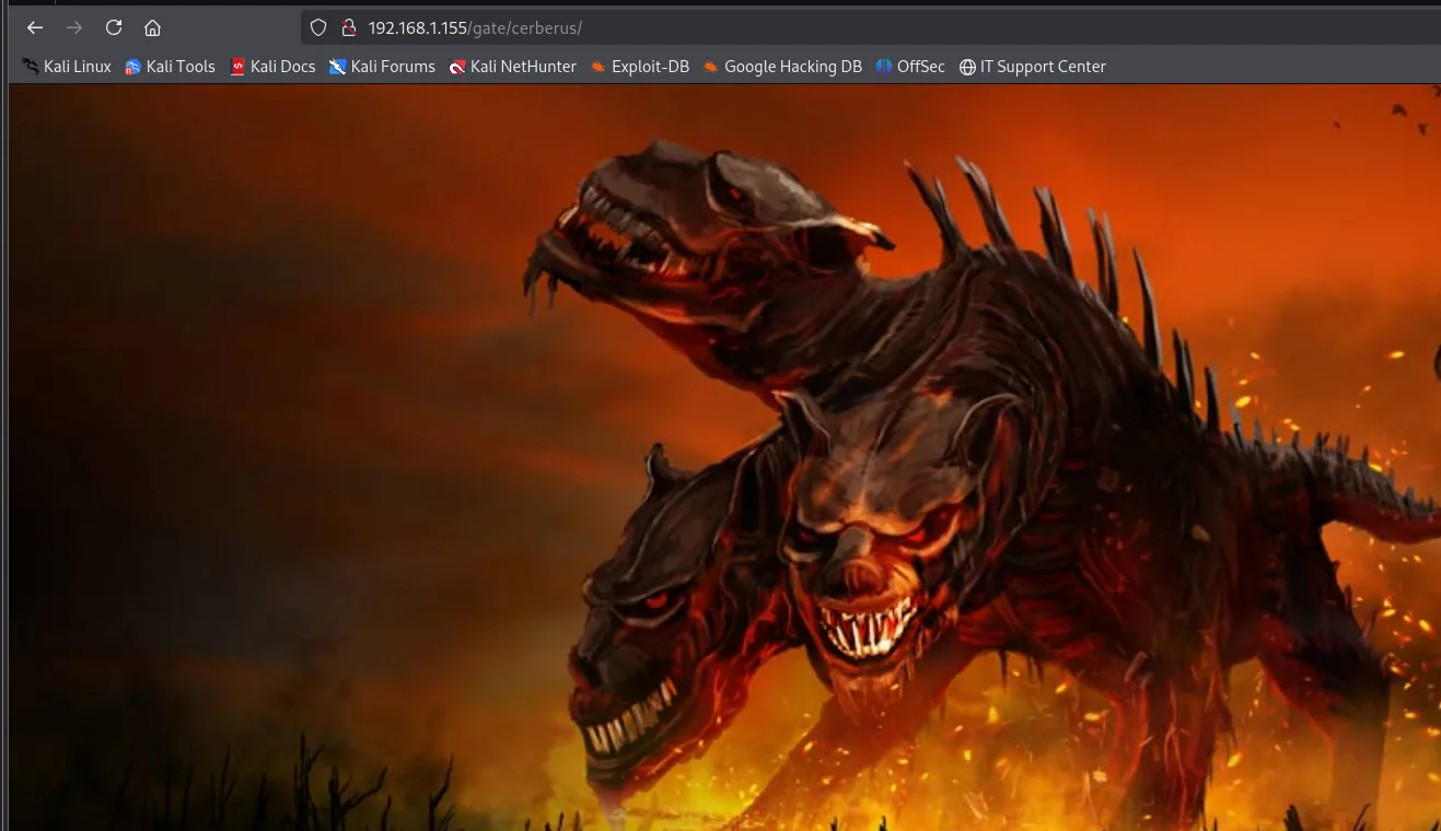 La página /gate/cerberus/ mostrando una ilustración de un Cerbero de tres cabezas sobre fondo de fuego