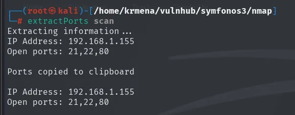 extractPorts leyendo el fichero scan y devolviendo IP Address 192.168.1.155 y Open ports 21,22,80