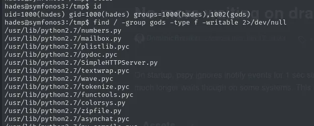 find devolviendo decenas de ficheros .py y .pyc de /usr/lib/python2.7 pertenecientes al grupo gods y escribibles