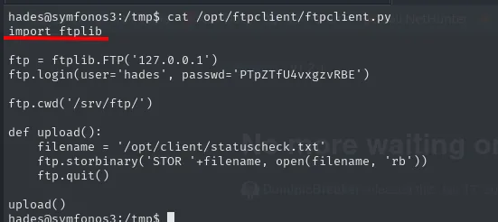 cat de /opt/ftpclient/ftpclient.py mostrando "import ftplib" en la primera línea y las credenciales hades/PTpZTfU4vxgzvRBE en el ftp.login