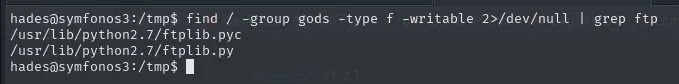 El mismo find filtrado por ftp devolviendo /usr/lib/python2.7/ftplib.pyc y /usr/lib/python2.7/ftplib.py