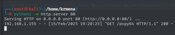 python3 -m http.server 80 registrando la petición GET /pspy64 desde 192.168.1.155 con código 200