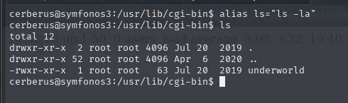 ls -la en /usr/lib/cgi-bin mostrando underworld como -rwxr-xr-x de 63 bytes propiedad de root, con fecha Jul 20 2019