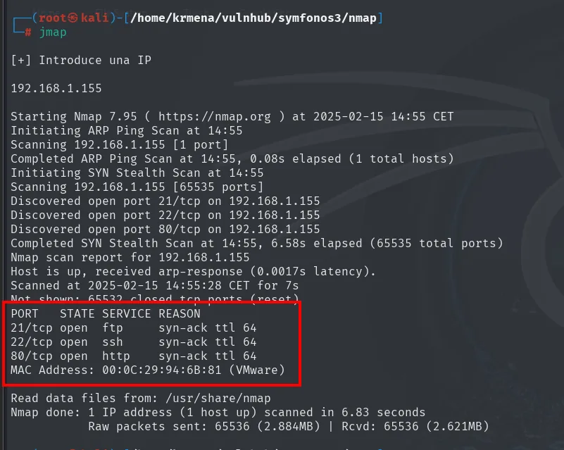 nmap -p- descubriendo los puertos 21, 22 y 80 abiertos en 192.168.1.155, todos con syn-ack ttl 64