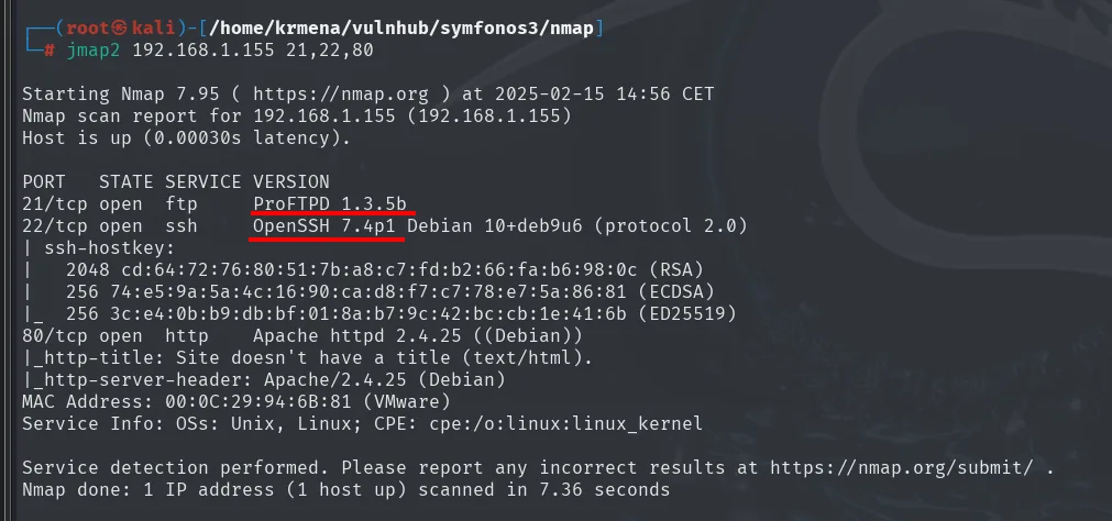 nmap -sCV mostrando ProFTPD 1.3.5b en el 21, OpenSSH 7.4p1 Debian 10+deb9u6 en el 22 y Apache httpd 2.4.25 en el 80