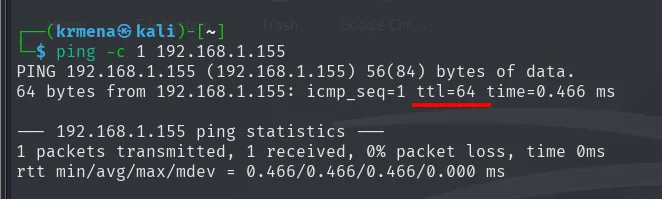 ping a 192.168.1.155 respondiendo con ttl=64 en 0.466 ms