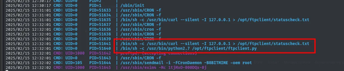 pspy mostrando procesos de root (UID=0): /bin/sh -c /usr/bin/python2.7 /opt/ftpclient/ftpclient.py y un curl a statuscheck