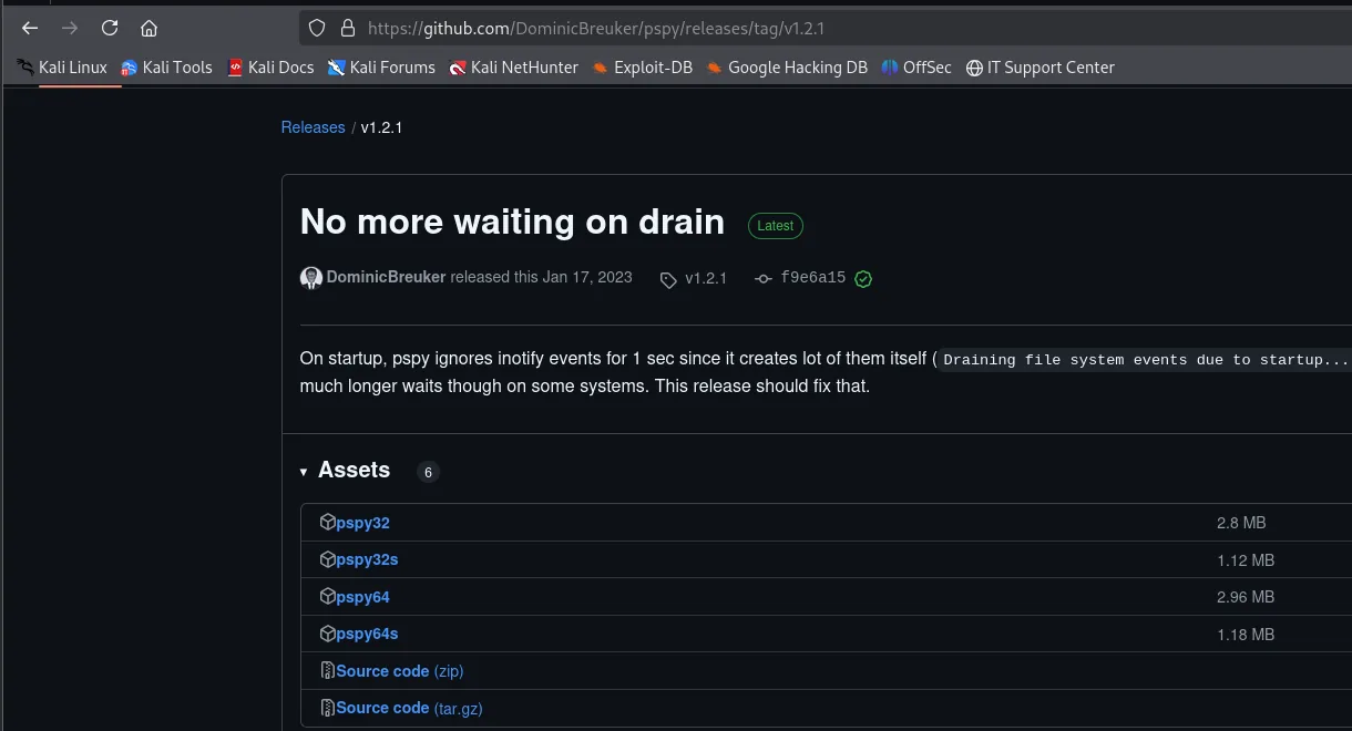 La página de releases v1.2.1 de pspy en GitHub, con los binarios pspy32, pspy32s, pspy64 y pspy64s