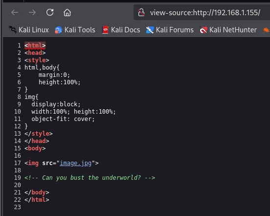 El código fuente de la portada: HTML mínimo con un img src="image.jpg" y el comentario "Can you bust the underworld?"