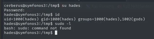 su hades aceptando la contraseña; id muestra uid=1000(hades) con el grupo 1002(gods) y sudo -l devuelve "sudo: command not found"