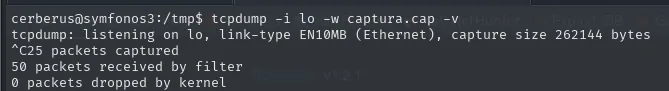 tcpdump escuchando en lo, cortado con Ctrl+C tras capturar 25 paquetes y 50 recibidos por el filtro