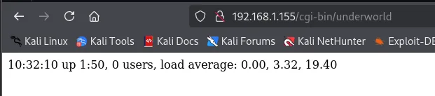 El mismo endpoint tras recargar, ahora con "10:32:10 up 1:50, 0 users, load average: 0.00, 3.32, 19.40"