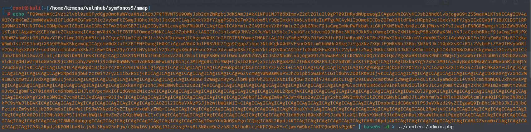 el echo con la cadena base64 completa de admin.php pasada por base64 -d y redirigida a un fichero local