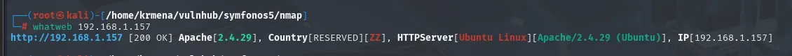 whatweb sobre 192.168.1.157 devuelve 200 OK, Apache 2.4.29 y HTTPServer Ubuntu Linux