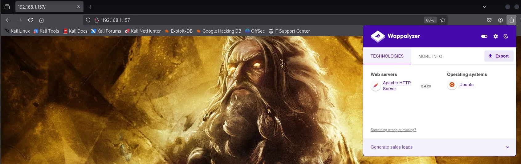 la portada de 192.168.1.157 es una ilustración de Zeus a pantalla completa, con Wappalyzer detectando solo Apache HTTP Server 2.4.29 y Ubuntu