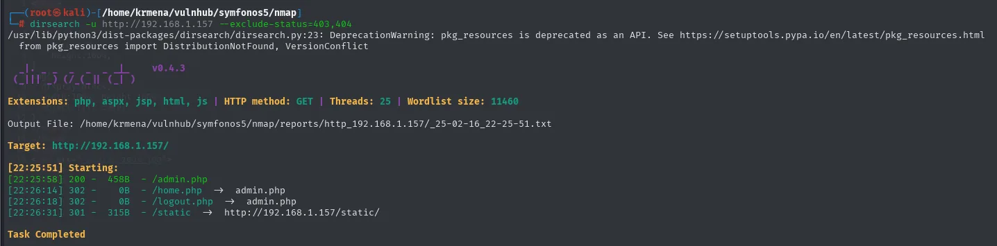 dirsearch encuentra admin.php con 200, home.php y logout.php redirigiendo a admin.php, y el directorio static