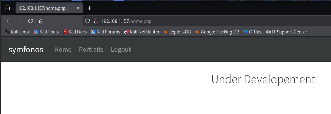 home.php tras el bypass, con la barra symfonos y las secciones Home, Portraits y Logout sobre el texto Under Developement