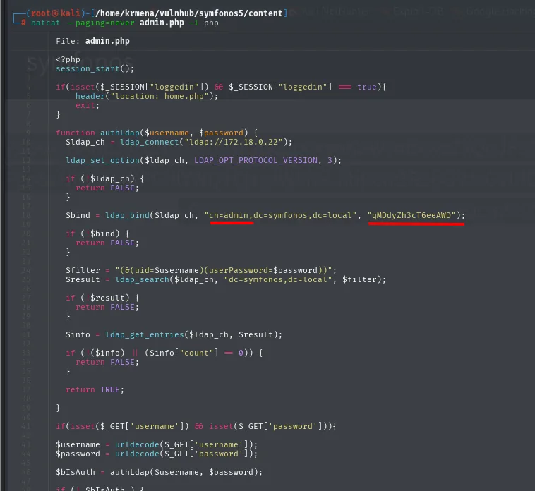 Código de admin.php decodificado: authLdap con ldap_connect a 172.18.0.22 y ldap_bind con cn=admin,dc=symfonos,dc=local y la contraseña qMDdyZh3cT6eeAWD