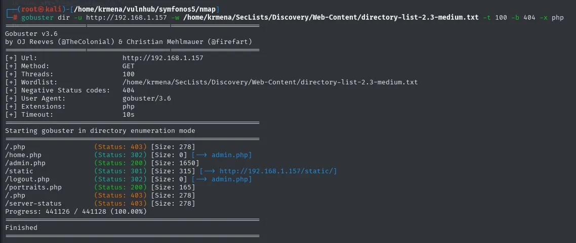 gobuster con -x php lista home.php, admin.php, logout.php y portraits.php
