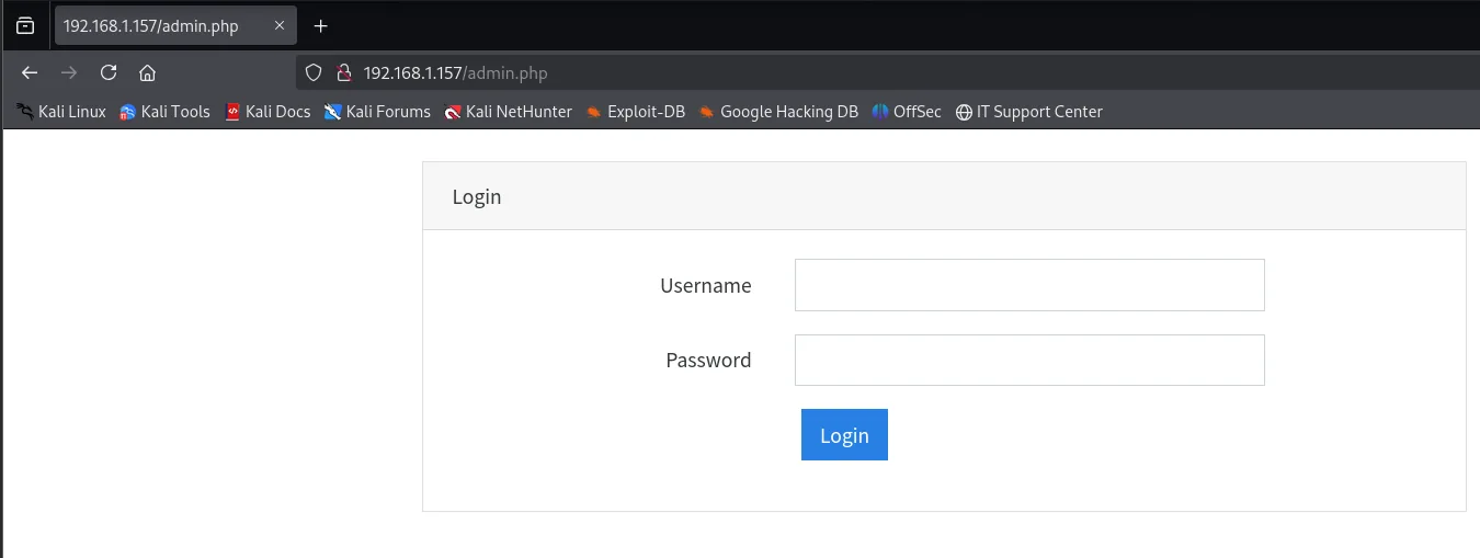 Panel de login en 192.168.1.157/admin.php con campos Username y Password