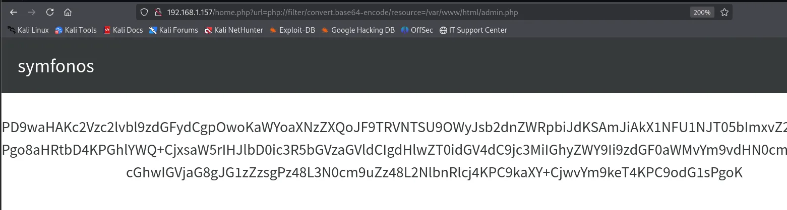 La página devuelve el contenido de admin.php como una cadena base64 en lugar de ejecutarlo