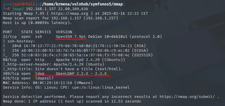 nmap -sCV: OpenSSH 7.9p1 Debian, Apache 2.4.29 Ubuntu y OpenLDAP en el 389
