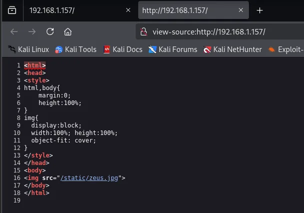 view-source de la portada: html con una sola etiqueta img apuntando a /static/zeus.jpg