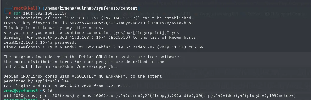 Login SSH como zeus en symfonos5; id devuelve uid=1000(zeus)