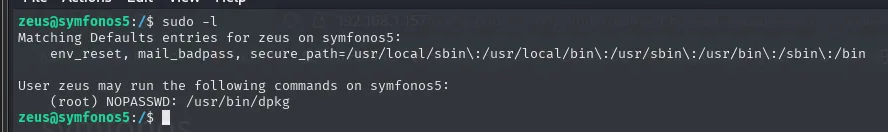 sudo -l muestra (root) NOPASSWD: /usr/bin/dpkg para zeus