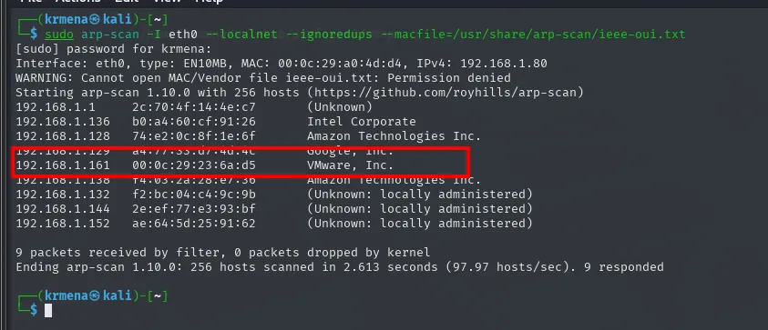 arp-scan devuelve nueve hosts de la red; la 192.168.1.161 aparece resaltada con la MAC 00:0c:29:23:6a:d5 de VMware Inc.
