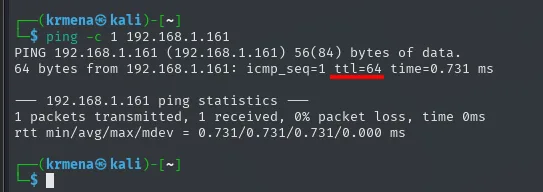 el ping a 192.168.1.161 responde con ttl=64 en 0.731 ms