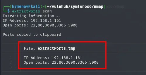 extractPorts devuelve IP Address 192.168.1.161 y Open ports 22,80,3000,3306,5000, y el fichero extractPorts.tmp con las mismas dos líneas