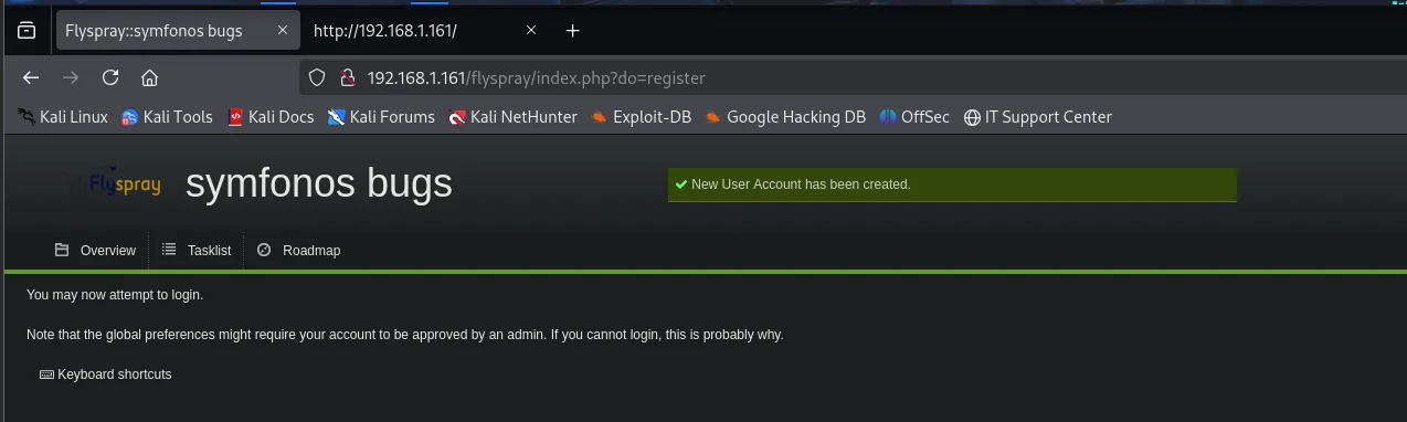 Flyspray confirma con el banner New User Account has been created, y avisa de que la cuenta puede requerir aprobación de un administrador
