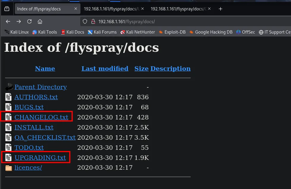 el Index of /flyspray/docs lista AUTHORS.txt, BUGS.txt, CHANGELOG.txt, INSTALL.txt, QA_CHECKLIST.txt, TODO.txt y UPGRADING.txt, con CHANGELOG y UPGRADING resaltados