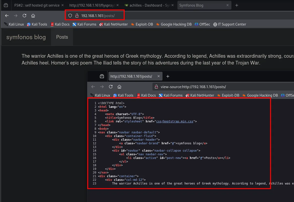 el blog en /posts/ muestra un texto sobre Aquiles y, superpuesto, su view-source: un HTML mínimo con Bootstrap y sin formularios